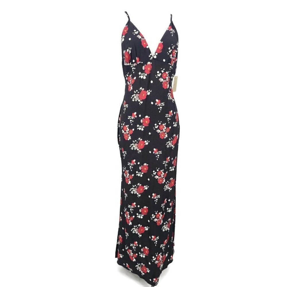 New Flynn Skye Paris Maxi Dress Womens L Rose Cluster Black Red Floral Rayon